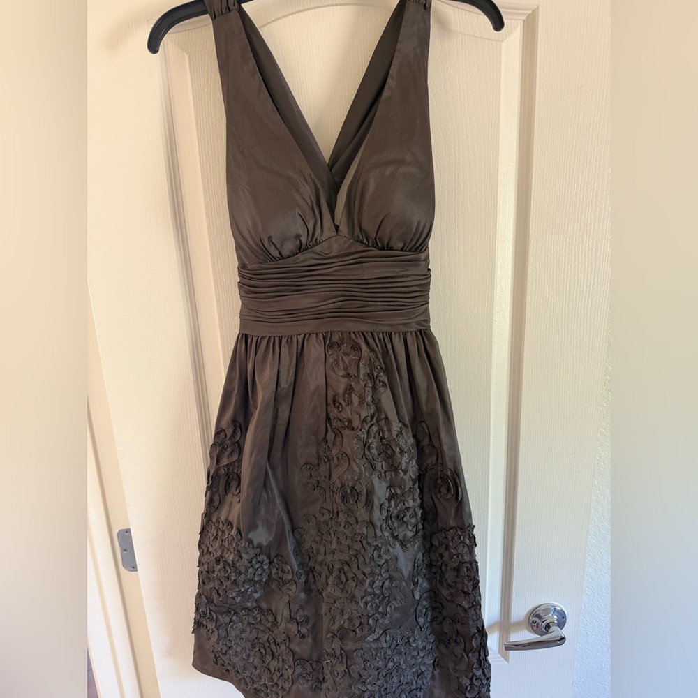 Adrianna Papell Shimmer Chocolate Brown Twist-Back Floral-Appliqué Dress